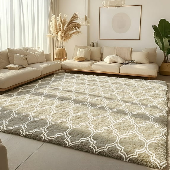 Pentantan 8ft x 10ft Geometric Shag Area Rugs for Living Room, Moroccan Fluffy Bedroom Carpet, Camel & White