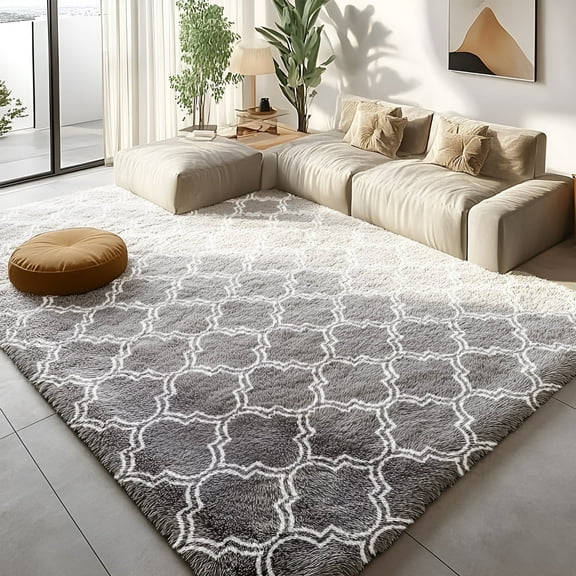 Pentantan 5ft x 8ft Geometric Shag Area Rugs for Living Room, Moroccan Fluffy Bedroom Carpet, Light Gray