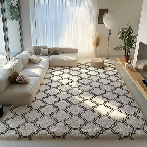 Pentantan 8ft x 10ft Geometric Shag Area Rugs for Living Room, Moroccan Fluffy Bedroom Carpet, White & Black