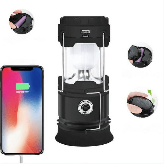 Lanterns, Camping Lantern, Solar Lantern Flashlights Charging for Phone, USB Rechargeable Led Camping Lantern, Collapsible & Portable for Emergency, Hurricanes, Power Outage, Storm Black