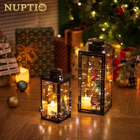 Lanterns Decorative Indoor Black: 9.5 & 13.8 inch Tall Wedding Hurricane Lantern with Glass Panel Set of 2 Modern Iron Candle Holders for Christmas Thanksgiving Front Porch Fireplace Decor
