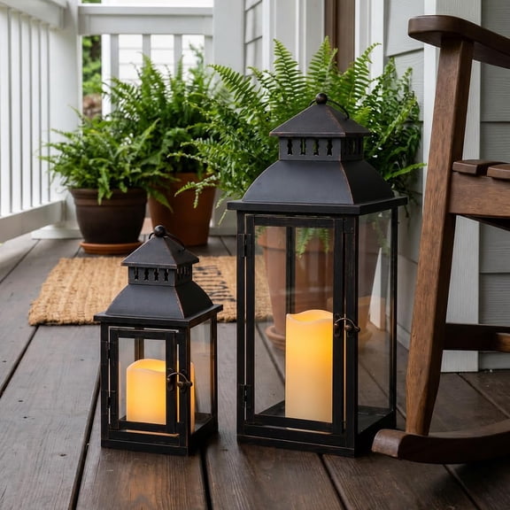 Lanterns Decorative Outdoor&Indoor, Set of 2 Large Bronze Metal Lantern Decor with Glass, Candle Holder for Porch, Patio, Garden, Balcony, Wedding, Table Centerpiece Decor with LED Candles