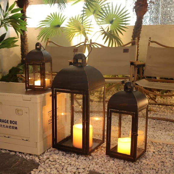 Lanterns Decorative Outdoor & Indoor, Set of 3 Outdoor Lanterns for Porch, 23" Large Candle Lantern, Bronze Metal Frame with Glass, Vintage Farmhouse, Patio, Pathway, Garden, Fall, Christmas