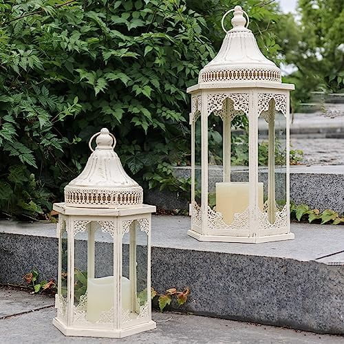 Lanterns Decorative Outdoor & Indoor, Set of 2 Outdoor Lanterns for Porch,Large Candle Lantern, Beige Metal Frame with Glass for Fall, Christmas