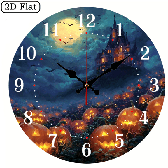 Lanterns Haunted Castle Design - Vibrant Halloween 2D Flat 1pc 10Inch Design Silent Wall Clock - Wooden, Ideal for Living Room, Kitchen, Office Decor, Perfect Christmas Gift