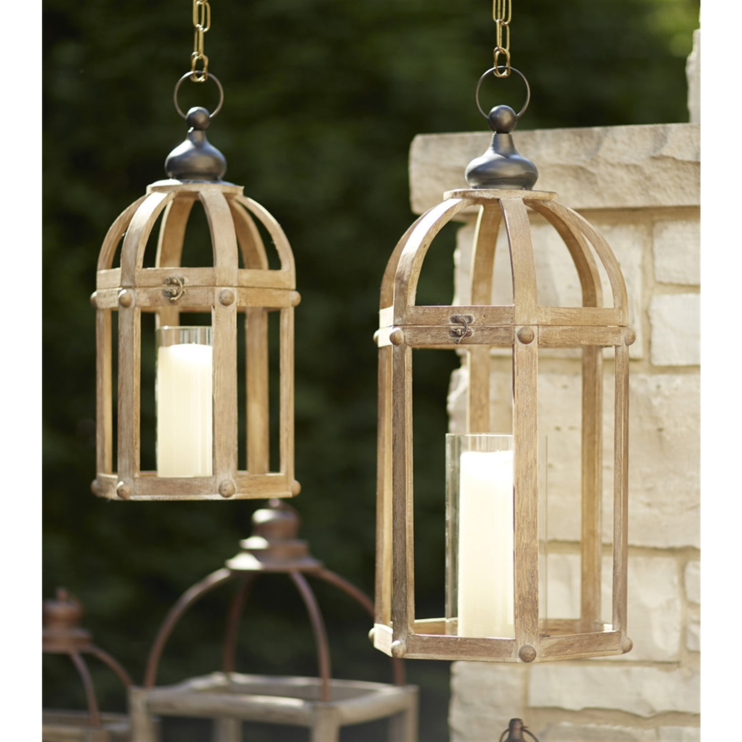 Rustic Brown Wood and Metal Candle Lantern Set