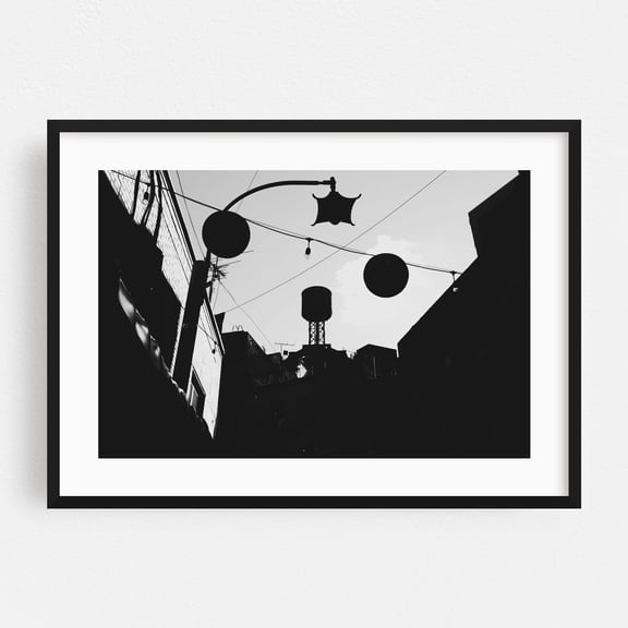 Lanterns and Water Tower - Manhattan New York Photography Black and White City Street Photography Architecture Silhouette Minimalist Black Framed Wall Art Print 5 x 7 inches