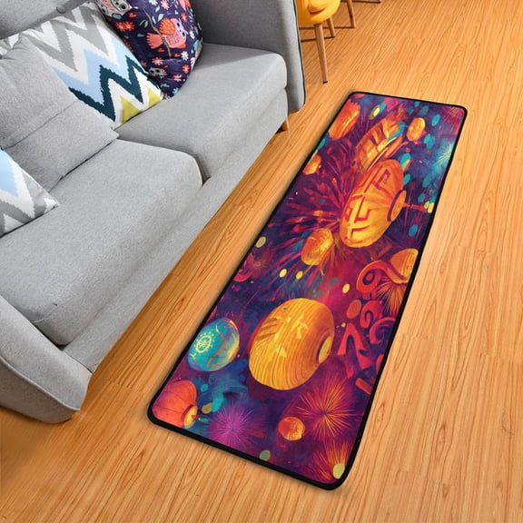 Lanterns and Fireworks Elegant Area Rug 72" x 24" Non-Slip Polyester with Cotton Padding