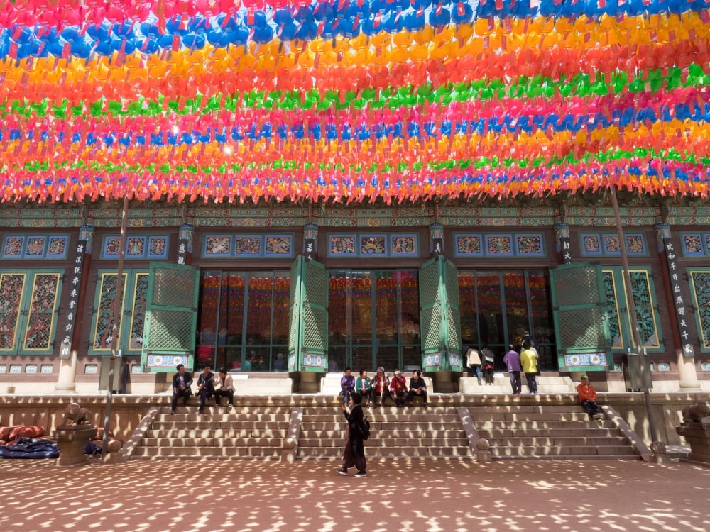 Lanterns hung for festival in courtyard in front of Hall of the Great Hero Jogyesa Seoul South Korea Canvas Art - Panoramic Images (24 x 36)
