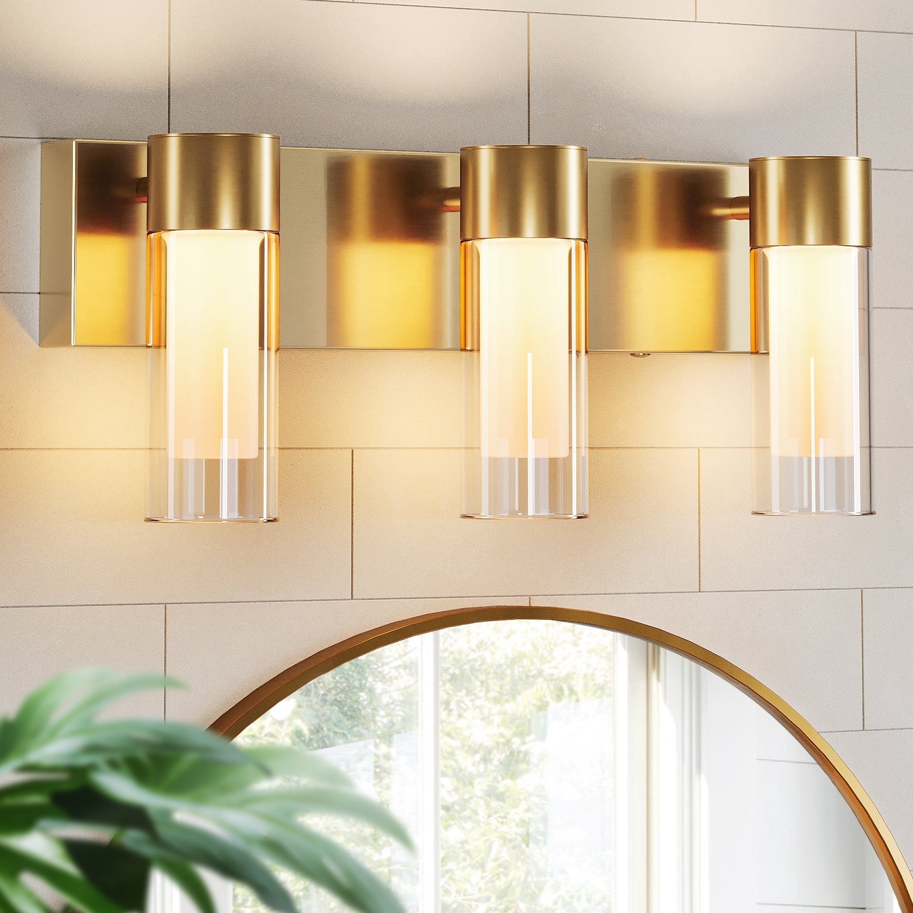 Fnova 19.7" LED Gold Vanity Lights, Modern 3CCT Dimmable Bathroom Light Fixtures with Double Glass Shade, (ETL Listed, Bulbs Included)