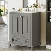 Lantine 24" Bathroom Vanity with Ceramic Sink Combo, Freestanding Bathroom Storage Vanity Cabinet with 2 Doors & 1 Drawer, Solid Wooden Frame & Coated Surface, Metal Handle, Grey