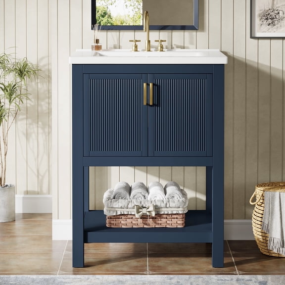 Fnova 24" Bathroom Vanity with Sink, Modern Bathroom Sink Cabinet with Ceramic Basin for Small Space, Freestanding Storage Cabinet with 2 Doors & 1 Open Shelf, Navy Blue