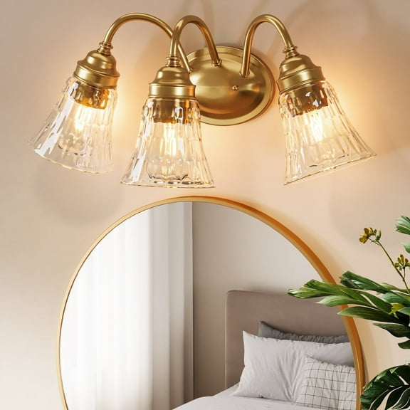 Fnova 3-Light Bathroom Light Fixtures, Modern Wall Lights with Glass Shades, Bathroom Vanity Gold Wall Sconce Lamp for Mirror Bedroom Living Room Hallway Cabinet, E26 Base (Bulbs Not Included)