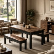 Fnova 3 Pieces Dining Table Set for 4-6 with 2 Benches, 55" Farmhouse Wood Kitchen Table and Space Saving Tuck Under Ben
