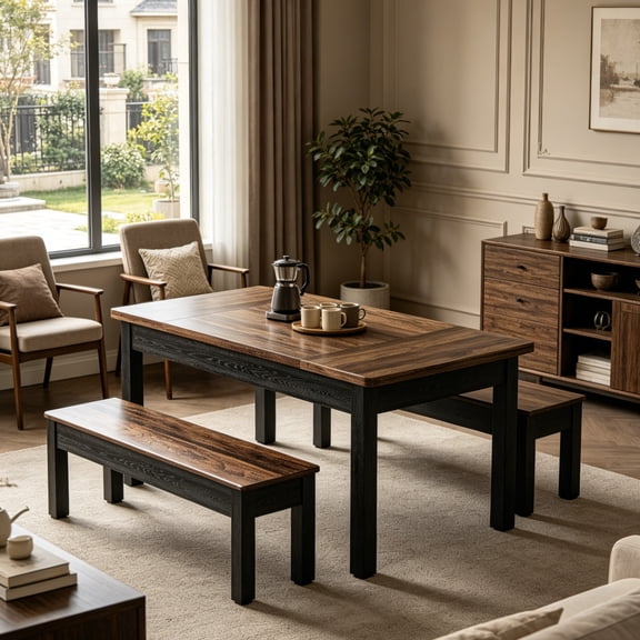 Fnova 3 Pieces Dining Table Set for 4-6 with 2 Benches, 55" Farmhouse Wood Kitchen Table and Space Saving Tuck Under Benches for Kitchen Dining Room
