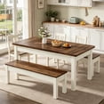 thumbnail image 1 of Fnova 3 Pieces Dining Table Set for 4-6 with 2 Benches, 55" Farmhouse Wood Kitchen Table and Space Saving Tuck Under Benches for Kitchen Dining Room, 1 of 18