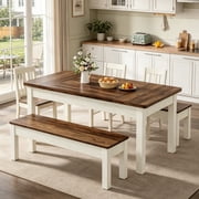 Fnova 3 Pieces Dining Table Set for 4-6 with 2 Benches, 55 Farmhouse Wood Kitchen Table and Space Saving Tuck Under Benches for Kitchen Dining Room