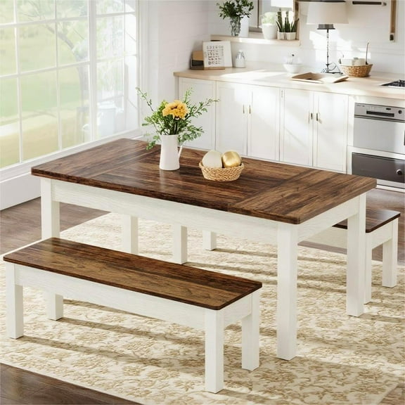 Fnova 3 Pieces Dining Table Set for 4-6 with 2 Benches, 55" Farmhouse Wood Kitchen Table and Space Saving Tuck Under Benches for Kitchen Dining Room