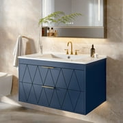Lantine 30" Bathroom Vanity with Sink, Suspension Modern Bathroom Sink Cabinet with 2 Drawers, Bath Storage Vanity Sink with Metal Handles, Solid Wood Frame, Blue