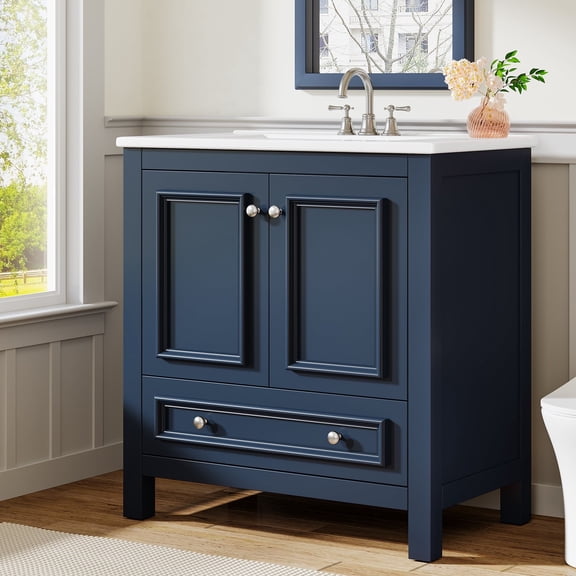 Fnova 30" Modern Bathroom Vanity with Sink, Freestanding Bathroom Vanities Cabinet, Bathroom Sink Cabinet with 2 Doors and 1 Drawer, Solid Wooden Frame, Navy Blue