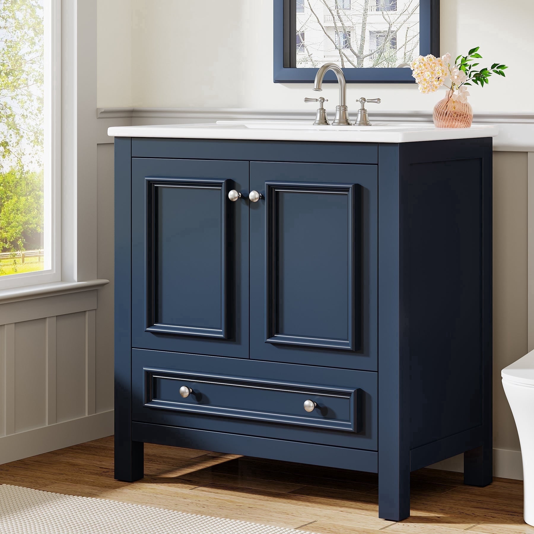 Fnova 30" Modern Bathroom Vanity with Sink, Freestanding Bathroom Vanities Cabinet, Bathroom Sink Cabinet with 2 Doors and 1 Drawer, Solid Wooden Frame, Navy Blue