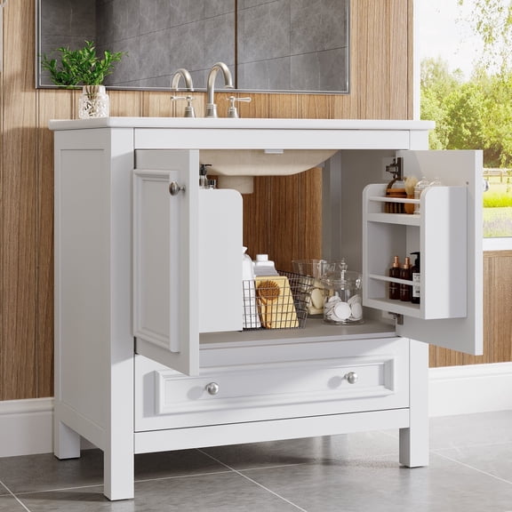 Fnova 30" Modern Bathroom Vanity with Sink, Freestanding Bathroom Vanities Cabinet, Bathroom Sink Cabinet with 2 Doors and 1 Drawer, Solid Wooden Frame, White