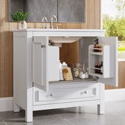 Fnova 30" Modern Bathroom Vanity with Sink, Freestanding Bathroom Vanities Cabinet, Bathroom Sink Cabinet with 2 Doors and 1 Drawer, Solid Wooden Frame, White