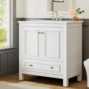 Lantine 30" Modern Bathroom Vanity with Sink, Freestanding Bathroom Vanities Cabinet, Bathroom Sink Cabinet with 2 Doors and 1 Drawer, Solid Wooden Frame, White