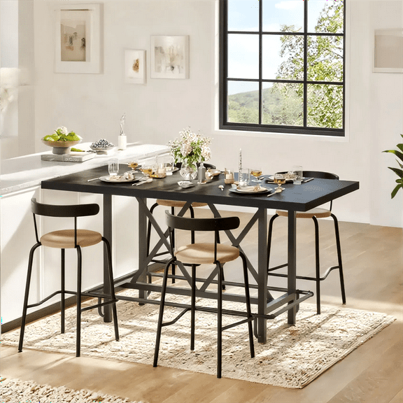 Fnova 35.4" Tall Dining Table, Rectangular Counter Height Kitchen Table with Metal Footrest for 6 People