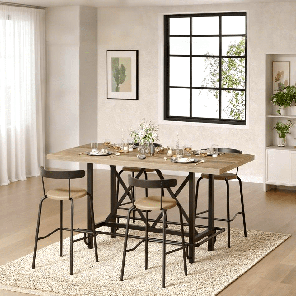 Fnova 35.4" Tall Dining Table, Rectangular Counter Height Kitchen Table with Metal Footrest for 6 People