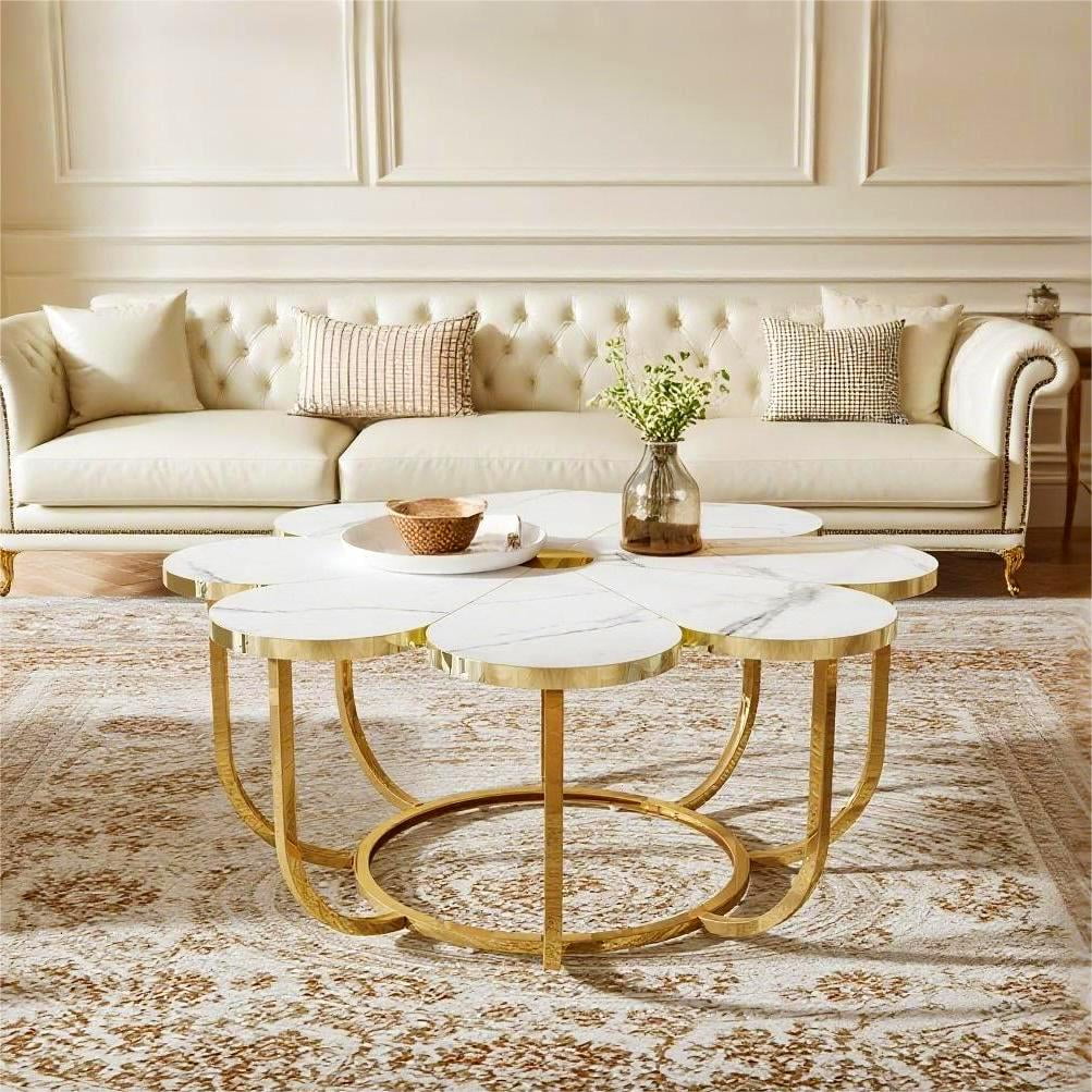 Fnova 39.37" Flower-Shaped Coffee Table, Modern Floral Accent Center Table with Faux Marble Tabletop & Metal Frame for Living Room, Bedroom & Lounge