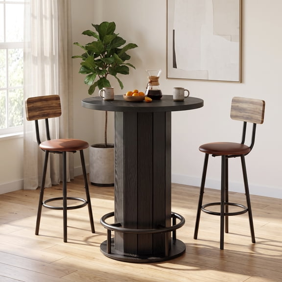 Fnova 39.4" Round Dining Table, Small Circle Kitchen Table with Wood Strip Base and Metal Footrest for Dining Room, Kitchen, Bar, Easy to Assemble