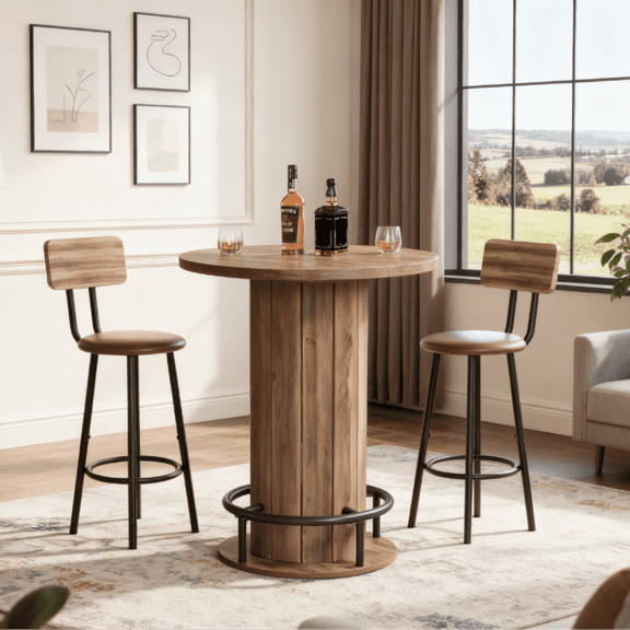 Fnova 39.4" Round Dining Table, Small Circle Kitchen Table with Wood Strip Base and Metal Footrest for Dining Room, Kitchen, Bar, Easy to Assemble