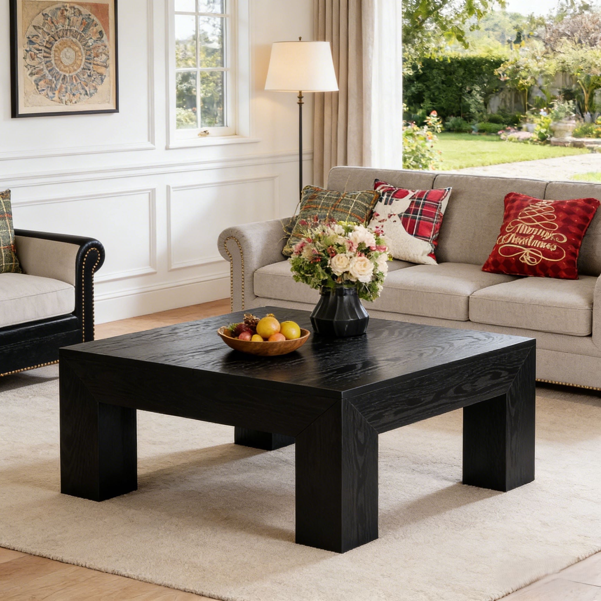 Fnova 39.4" Square Coffee Table, Farmhouse Wood Accent Center Cocktail Table with Sturdy Wooden Legs for Living Room, Easy Assembly