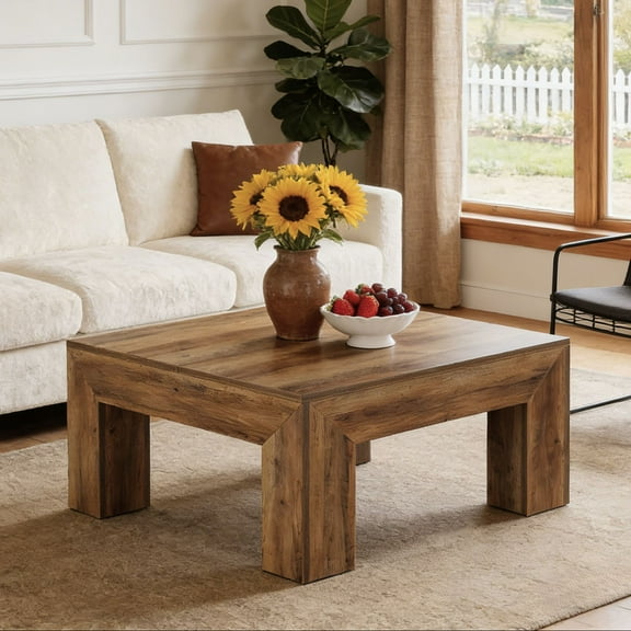 Fnova 39.4" Square Coffee Table, Farmhouse Wood Accent Center Cocktail Table with Sturdy Wooden Legs for Living Room, Easy Assembly