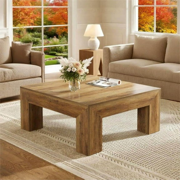 Fnova 39.4" Square Coffee Table, Farmhouse Wood Accent Center Cocktail Table with Sturdy Wooden Legs for Living Room, Easy Assembly