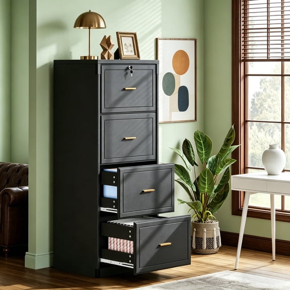 Fnova 4-Drawer File Cabinet, Tall Filing Cabinet with Lock and Key, Heavy Duty Wooden Vertical Office Storage Organizer for Legal Size/Letter/A4/Files, Home Office, Black