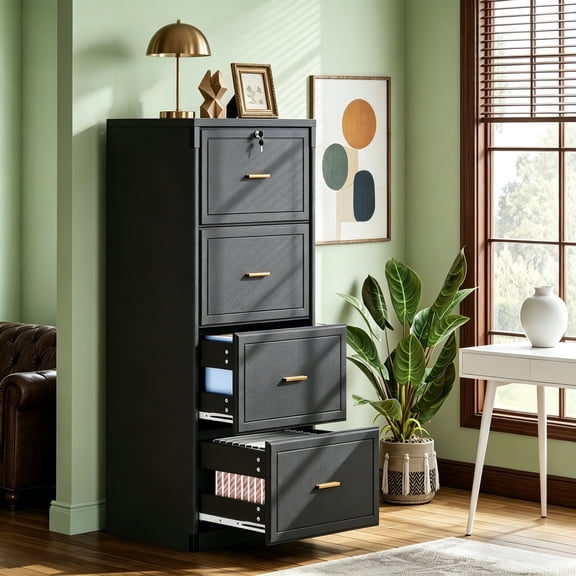 Fnova 4-Drawer File Cabinet, Tall Filing Cabinet with Lock and Key, Heavy Duty Wooden Vertical Office Storage Organizer for Legal Size/Letter/A4/Files, Home Office, Black