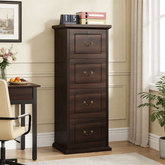 Fnova 4-Drawer File Cabinet, Tall Wood Filing Cabinet for A4/Letter Size, Large Office Drawer Chest, Rustic Storage Organizer Unit for Home Office, Dark Brown