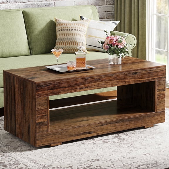 Fnova 43" Farmhouse Coffee Table, Wood Accent Center Table with Storage, 2-Tier Rectangular Sofa Table for Living Room