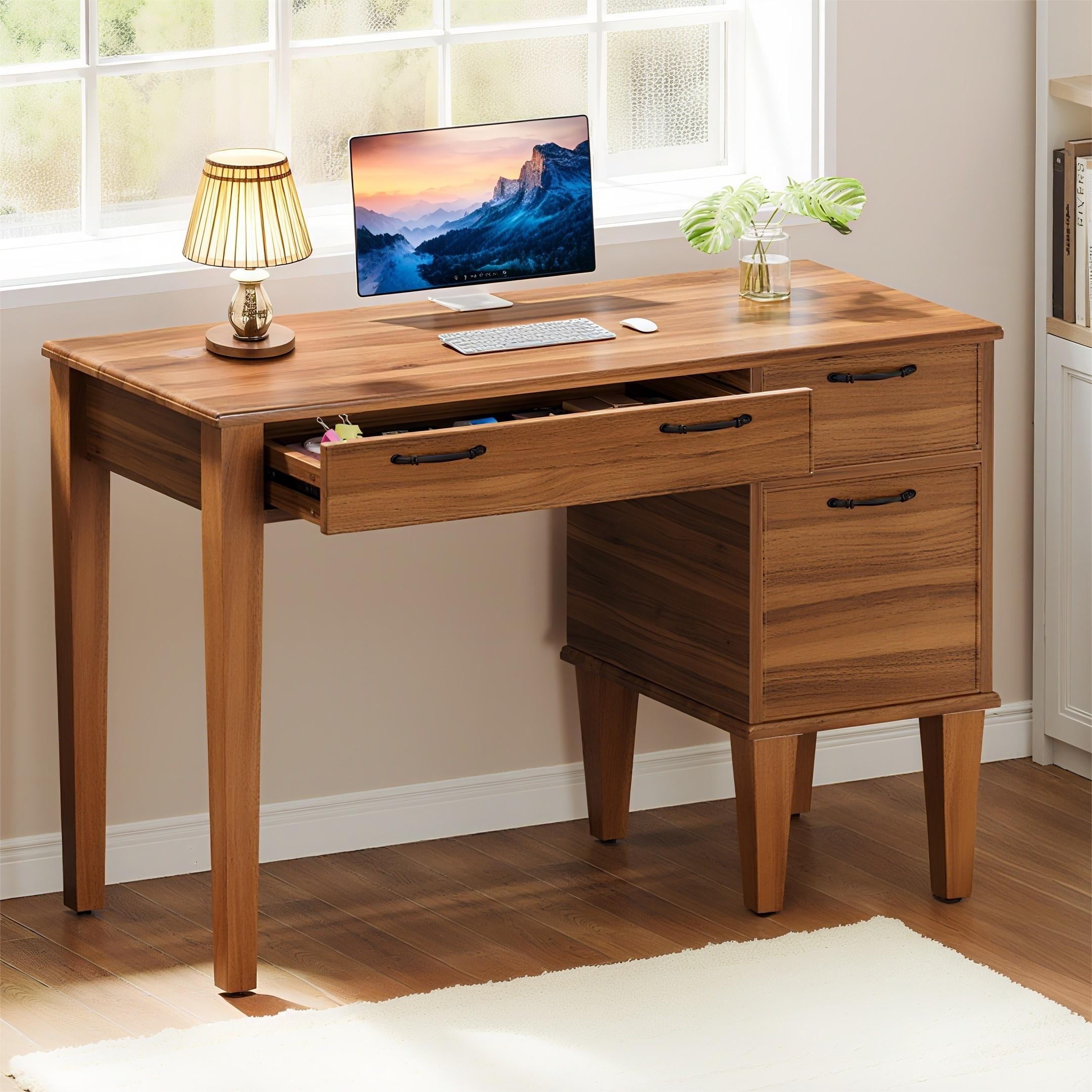 MaverickFurni 48 Inch White Desk With Drawers, Small Desk With 4 Storage Drawers For Kids, Computer Study Desk With Filing Drawers For Home Office