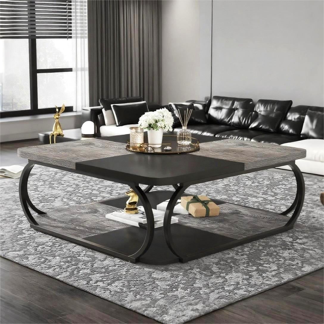 Fnova 47.2" Square Coffee Table, Industrial Modern Style with Wood Colorblock Design, Decorative Center Table for Living Room, Bedroom & Apartment, Easy to Assemble