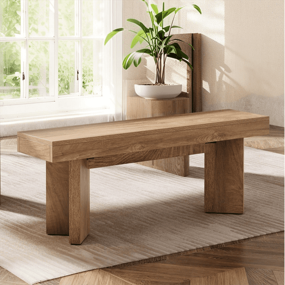 Fnova 47.24" Entryway Bench, Farmhouse Wooden Shoe Bench, Indoor End of Bed Stool for 1-2, Long Kitchen Table Seat Dining Seat for Entryway, Hallway, Living Room