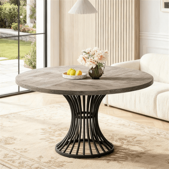 Fnova 47.24" Farmhouse Round Dining Table for 4 People, Modern Wood Tabletop Coffee Table with Metal Frame for Kitchenfor Dining Room, Gray