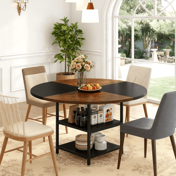 Fnova 47.24" Modern Round Dining Table with Storage, Kitchen Table with Wood Tabletop, Metal Frame, Brown