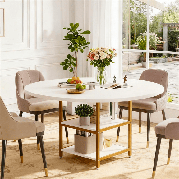 Fnova 47.24" Modern Round Dining Table with Storage, Kitchen Table with Wood Tabletop, Metal Frame, White Gold