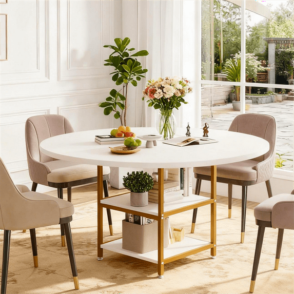 Fnova 47.24" Modern Round Dining Table with Storage, Kitchen Table with Wood Tabletop, Metal Frame, White Gold