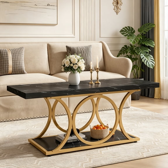 Fnova 47.24" Rectangular Coffee Table, Modern 2-Tier Imitation Marble Wood Coffee Tables with Storage Shelf for Living Room, Geometric Metal Legs, Easy Assembly
