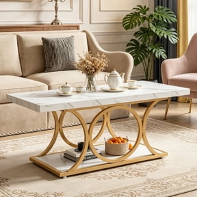 Fnova 47.24" Rectangular Coffee Table, Modern 2-Tier Imitation Marble Wood Coffee Tables with Storage Shelf for Living Room, Geometric Metal Legs, Easy Assembly