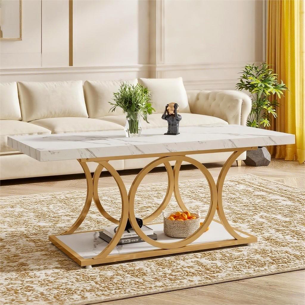 Fnova 47.24" Rectangular Coffee Table, Modern 2-Tier Imitation Marble Wood Coffee Tables with Storage Shelf for Living Room, Geometric Metal Legs, Easy Assembly
